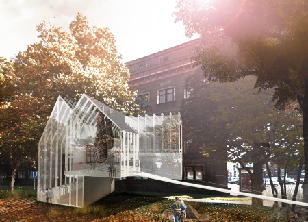 Architectural Canopy of Light Crafted from Glass and Natural Stone for Community Reflection