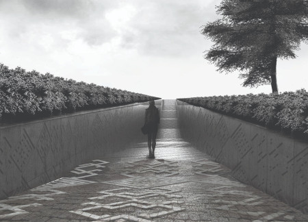 Charred Wooden Shingles and Transparent Glass Intersecting in a Tranquil Pathway Environment