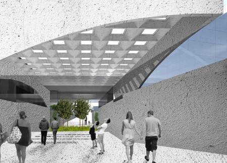Curved Concrete and Glass Structure Commemorating Unity in Community Space