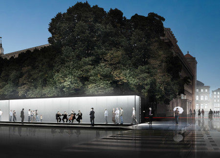 Dynamic Exhibition Space with Rotating Panels and Transparent Glass in a Memorial Setting
