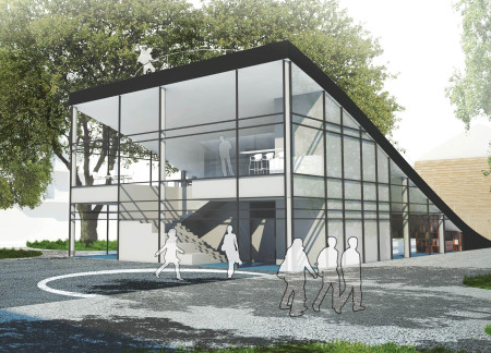 Sculptural Sloping Roof Integrating Glass Facade and Natural Wood Elements for Community Engagement