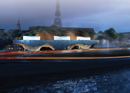 Undulating Concrete and Glass Memorial Reflecting Shared History by the Daugava River