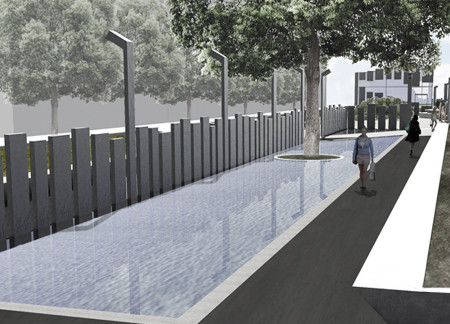 Reflective Water Features and Native Plant Integration in a Concrete Memorial Space