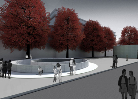 Circular Structure Crafted from Textured Concrete and Granite Columns for Collective Reflection