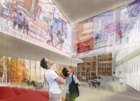 Charred Wooden Shingles and Glass Fa&ccedil;ades Defining a Multi-Use Urban Space