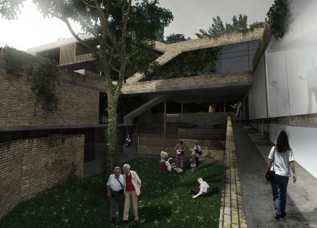 Charming Community Hub Enhanced by Transparent Glass Facades and Warm Brickwork