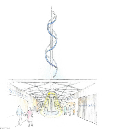 Spiraling Concrete Tower Embracing Community Through Transparency and Public Gathering Spaces