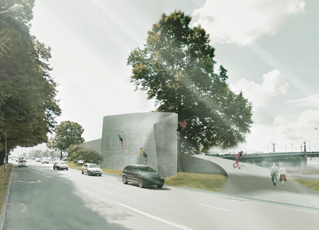 Curvilinear Forms with Engraved Glass Panels in a Resilient Concrete Memorial