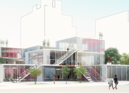 Transparent Facade Merging Glass and Concrete with Natural Wood Elements for Cultural Engagement