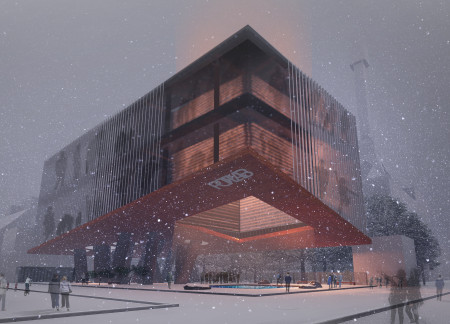 Translucent Glass Facades and Cantilevered Concrete Create Dynamic Multi-Functional Space