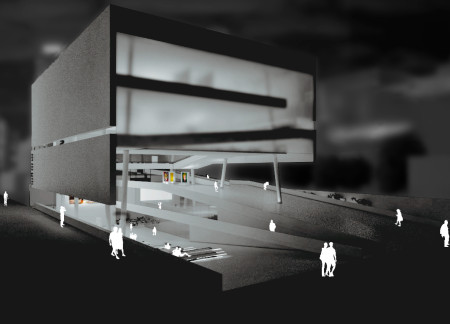 Suspended Cubic Volume Enhanced by Natural Light and Public Ramps in a Concrete and Glass Structure