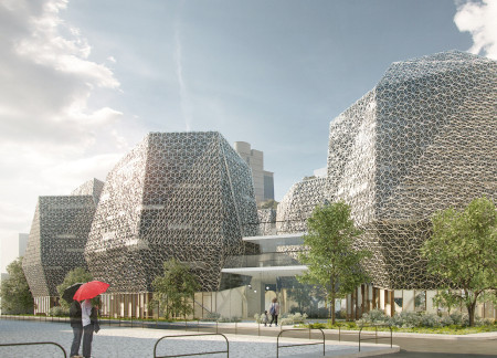 Biomimetic Canopy Structure Featuring Hexagonal Glass Facade and Wood Finishes for Community Engagement