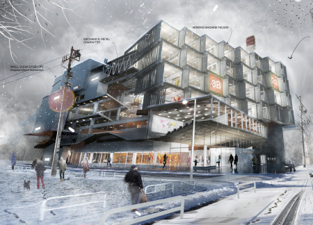 Hanging Gardens and Honeycomb Structure in a Sustainable Urban Community Hub