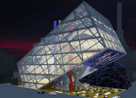 Dynamic Glass Facade and Slanted Steel Structure Creating Community Engagement Spaces