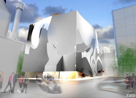 Fluid Glass Facade with Sustainable Concrete and Wood Integration for Community Engagement Space