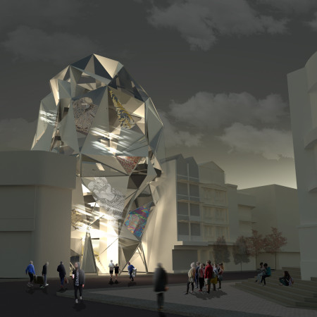 Geometric Form Created with Glass and Steel in a Community-Focused Artist Retreat