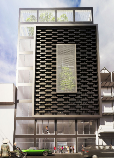 Perforated Metal Facade and Integrated Greenery Define a Contemporary Urban Hub