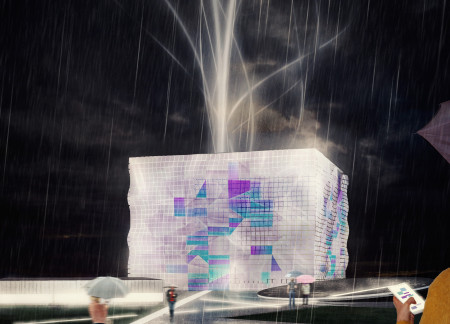 Responsive Facade with LED Elements and Transparent Glass Showcasing Digital Heritage Interaction