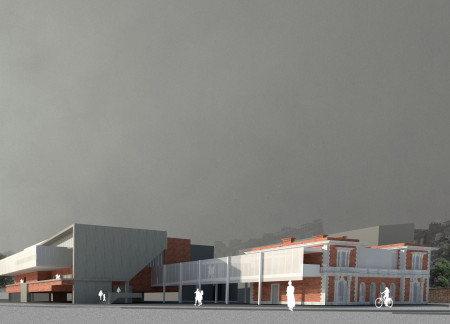 Charred Brick Facade and Transparent Glass Enclosure in a Cultural Hub