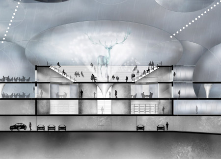 Capsule Structure Incorporating Transparent Glass and Modular Fiberglass for Digital Heritage Exhibition