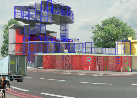 Hexagonal Structure Featuring Painted Steel and Green Roof Integration for Community Engagement
