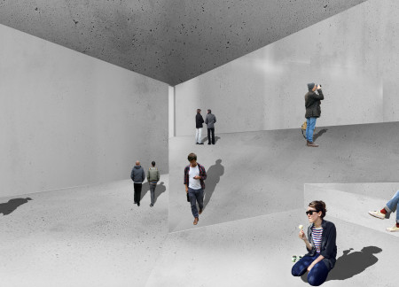 Triangular Concrete Structure Featuring Green Roofs and Digital Interaction Elements