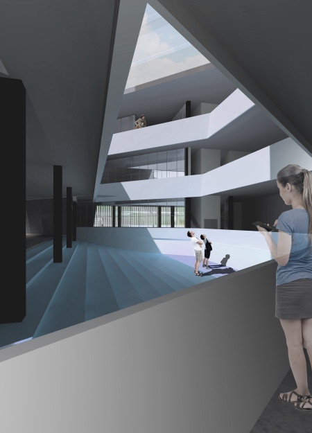 Geometric Complexity Enhanced by Translucent Glass and Historical Brick Context in a Cultural Hub