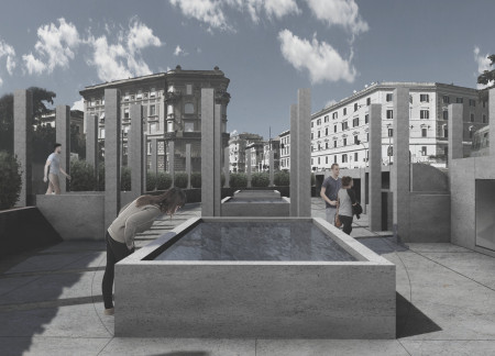 Reflective Pool and Spiral Staircase Enhancing Urban Flow with Concrete and Wood Elements