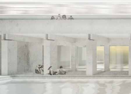 Raw Concrete Facade with Integrated Tram Access Enhancing Urban Gathering Spaces