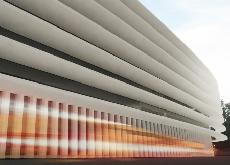 Curvilinear Facades of Reinforced Concrete Blending Natural Wood Elements in a Multifunctional Urban Hub