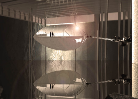 Suspended Concrete Structure Incorporating Translucent Panels and Interactive Poetry Spaces