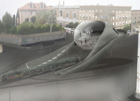 Fluid Concrete Form with Spherical Glass Element Enhancing Community Interaction