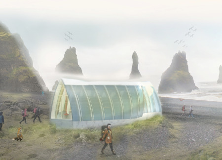 Curvilinear Shelter Featuring Glulam and Polycarbonate for Icelandic Trekkers