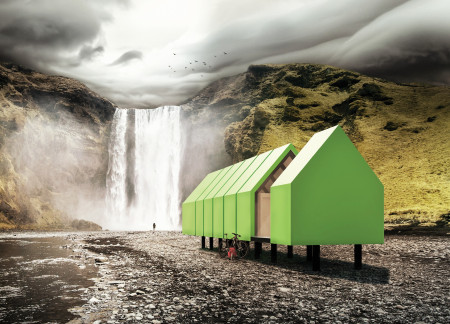 Charred Wooden Shingles and Steel Framework Define Sustainable Shelters in Icelandic Landscapes