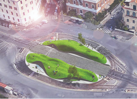 Sustainable Community Hub with Organic Concrete Form and Green Roof Integration