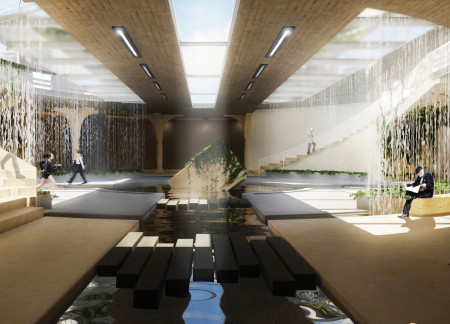 Water Features and Natural Stone Highlight Community Engagement in Flexible Gathering Space