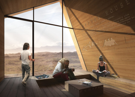 Engraved Metal and Charred Wood Elevate a Triangular Shelter for Trekking Communities