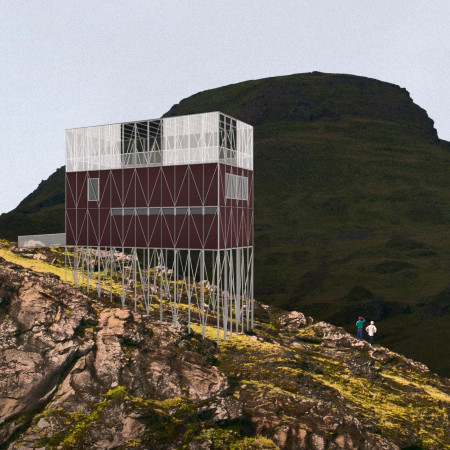Elevated Shelter with Aluminum Cladding and Cross-Laminated Timber in the Icelandic Landscape