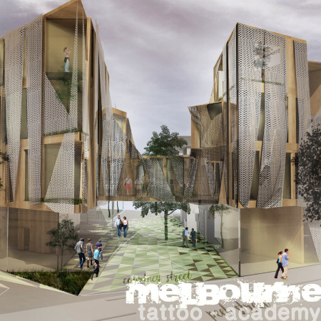 Perforated Metal Cladding and Prismatic Forms in a Modern Tattoo Education Space