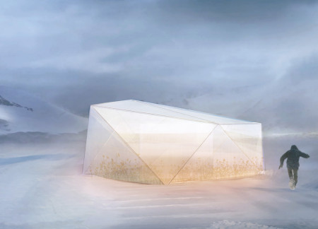 Vertical Garden Encased in Glass with Polygonal Geometry for a Community Space