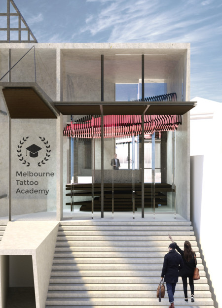 Tattoo Mapping Integrated into Charred Wooden Shingles and Glass Facade in Educational Workspace