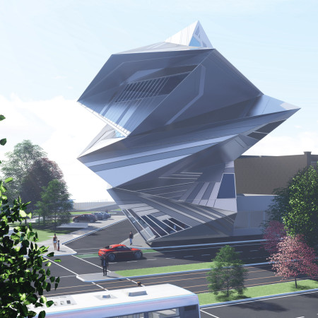 Dynamic Geometry with Metal Cladding and Glass Facades Serving as a Cultural Hub for Tattoo Artistry