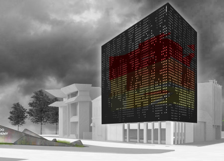 Perforated Metal Cladding and Concrete Layering in a Multi-Level Community Hub