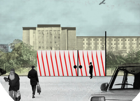 Diagonal Striped Pavilion with Sandwich Panels and Larch Interiors Serving Urban Transit Needs