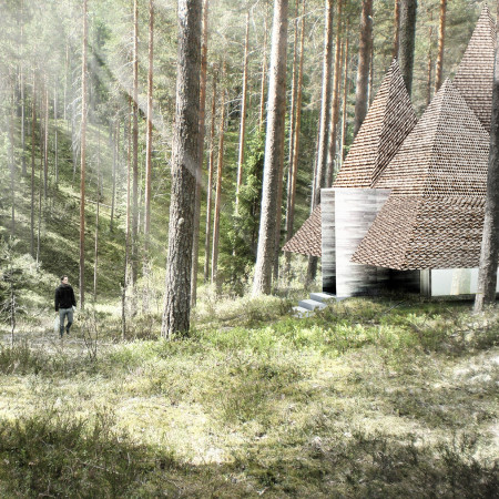 Faceted Roof Structure with Charred Wooden Shingles and Community-Centered Courtyard Design