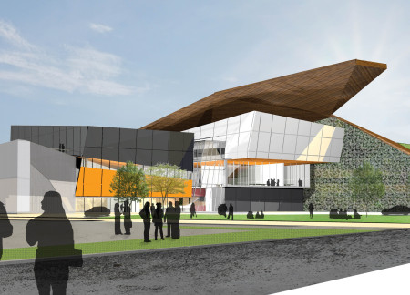 Panoramic Glass Facade Blending Concrete and Timber in a Multifunctional Cultural Hub