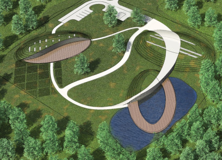 Curved Clay Walls and Green Roof Integration in a Wellness Center Setting