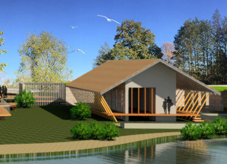 Charred Wooden Shingles and Natural Ventilation in a Wellness Retreat Set Against a Scenic Pond