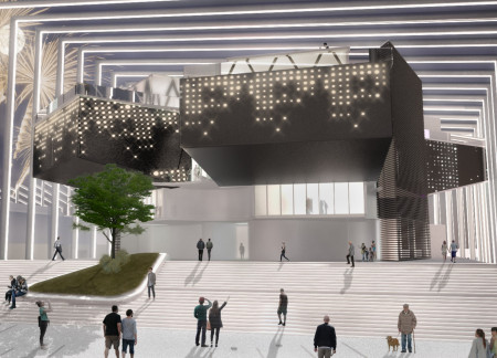 An Urban Center Featuring a Deployable Canopy and Modular Construction