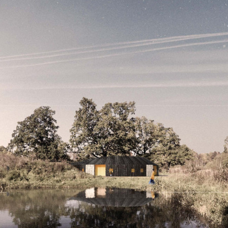 Curvilinear Wellness Retreat Enveloped in Blue Clay and Straw Construction